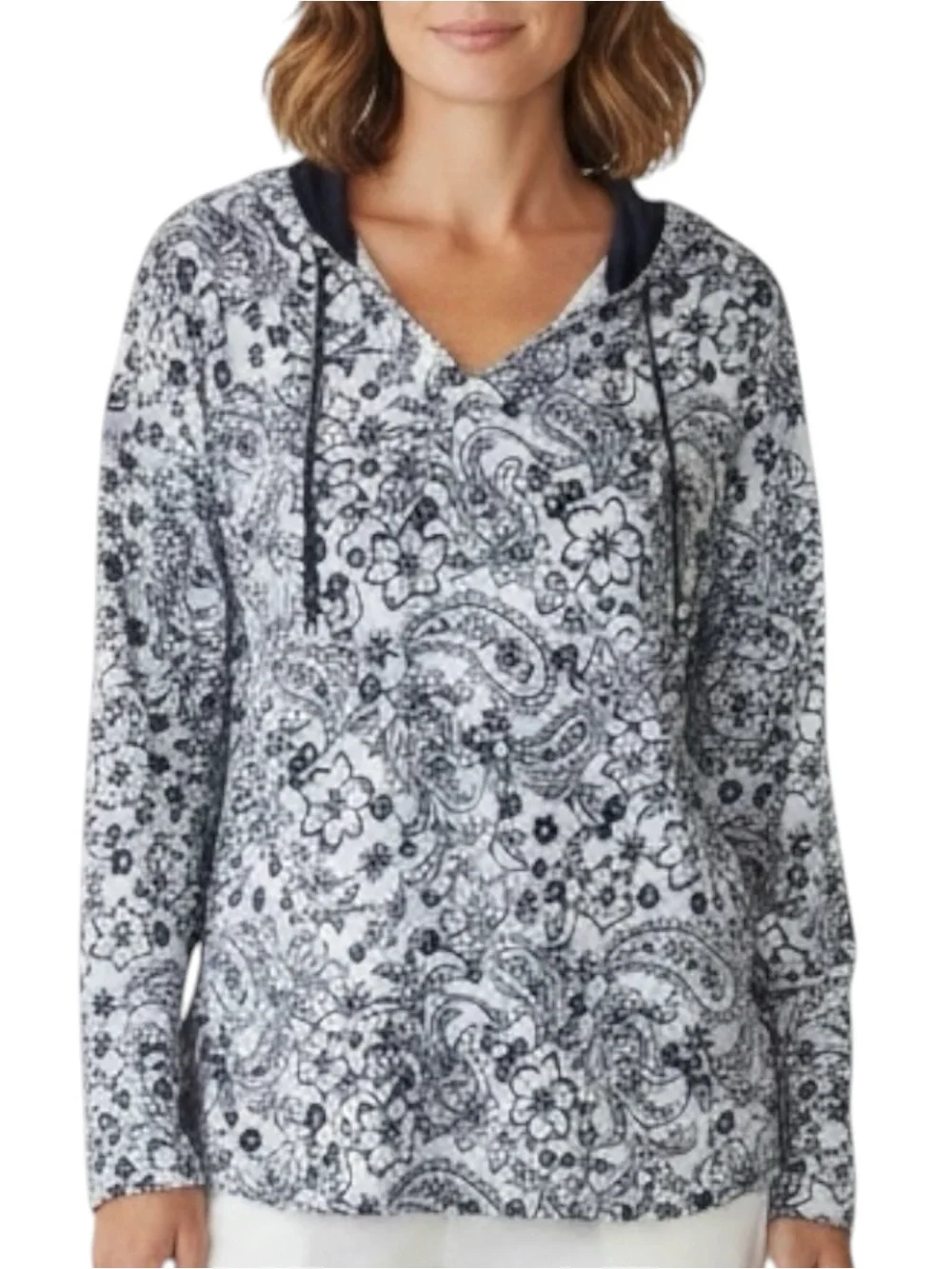 Comfort Code By CUDDL DUDS Pullover Floral Patterned Hoodie in Blues Size Large
